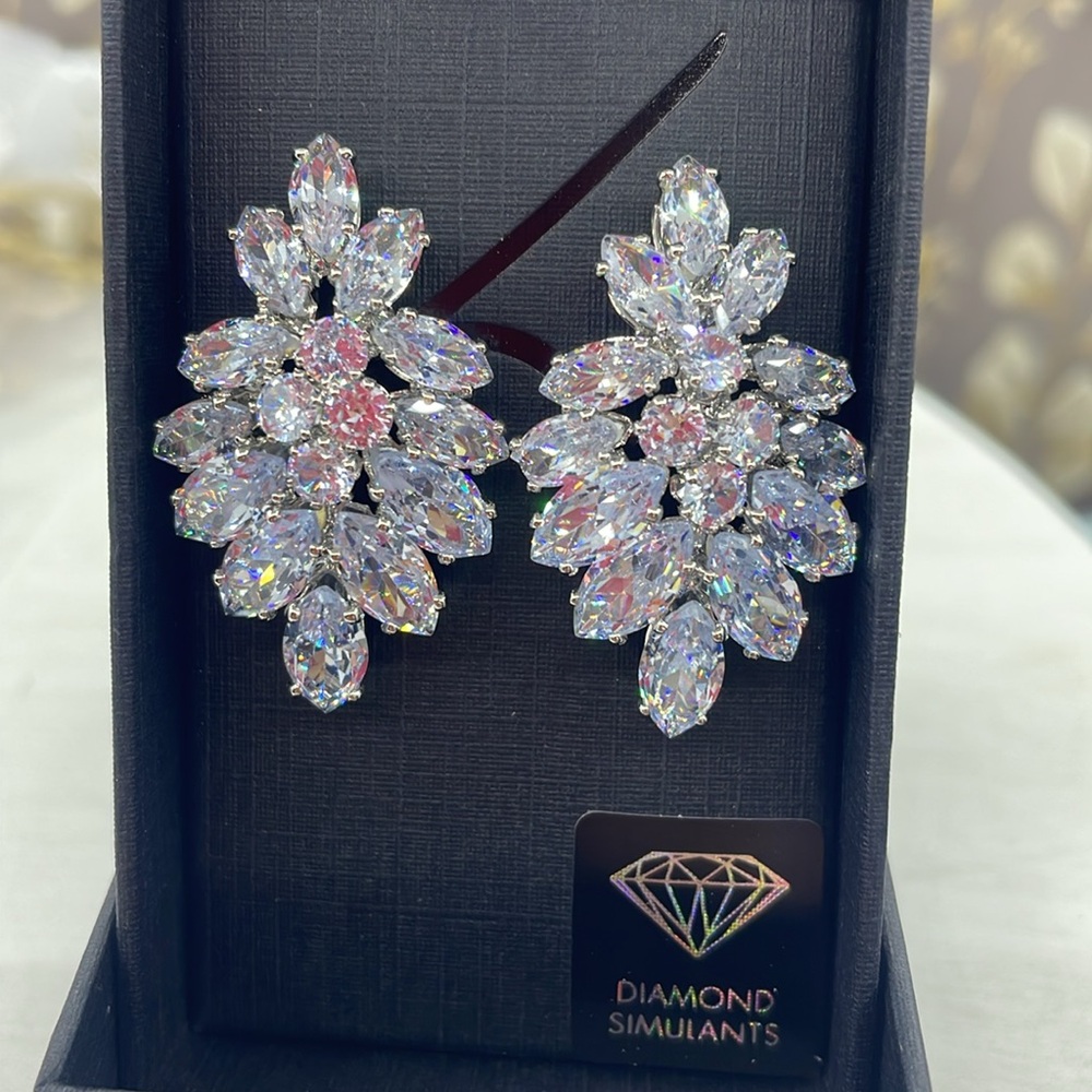 Rhodium Diamond Simulant Floral Drop Earrings
